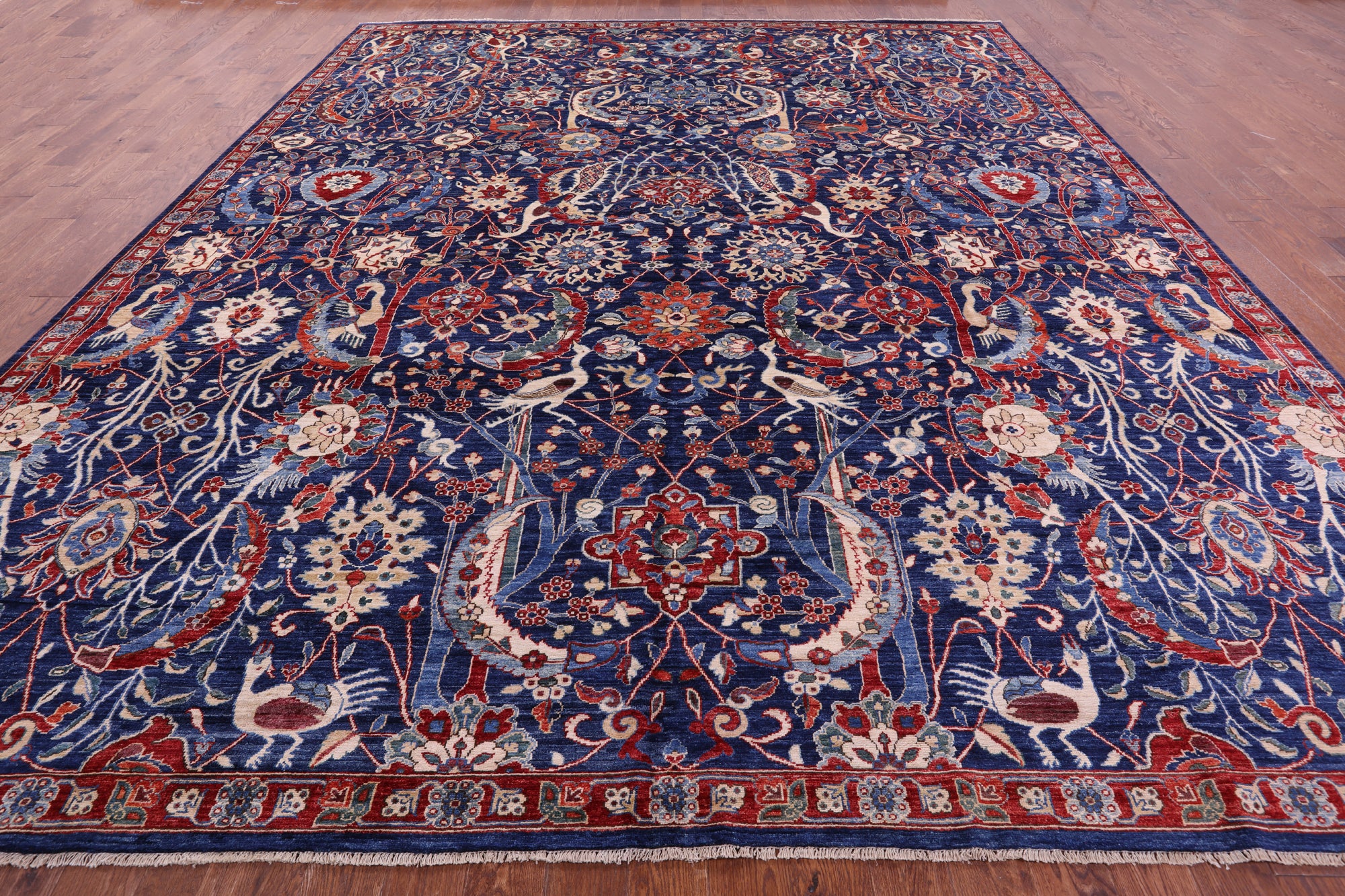 Blue Exotic Birds Persian Fine Serapi Hand Knotted Wool Rug - 12' 1" X 14' 8" - Golden Nile