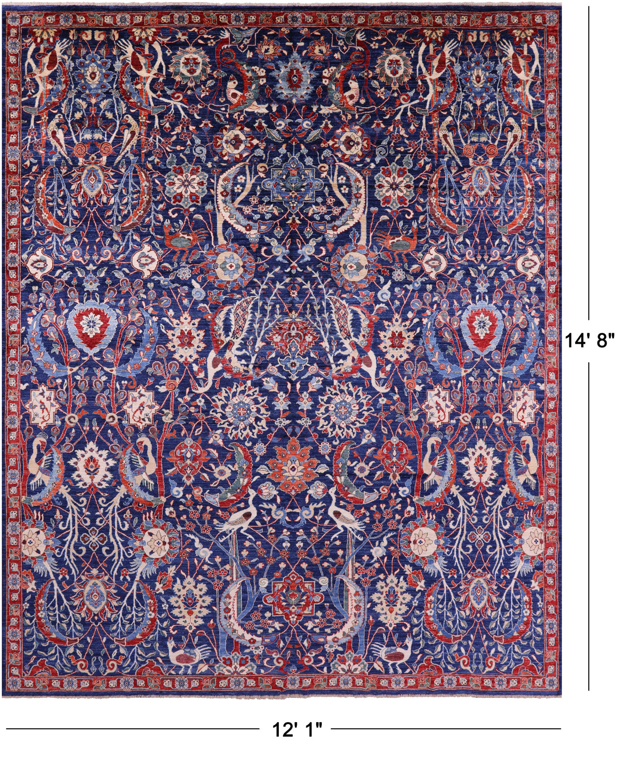 Blue Exotic Birds Persian Fine Serapi Hand Knotted Wool Rug - 12' 1" X 14' 8" - Golden Nile