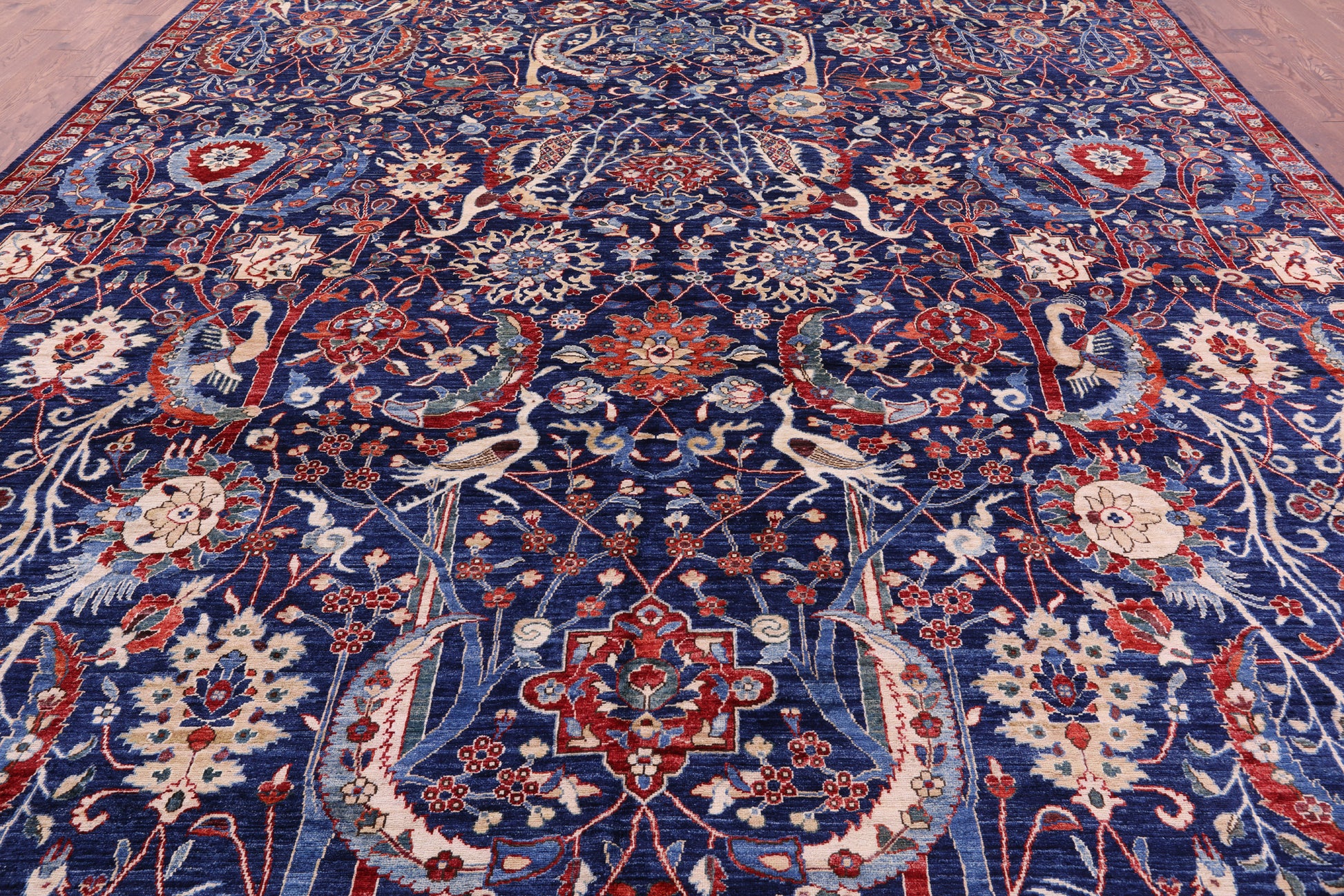 Blue Exotic Birds Persian Fine Serapi Hand Knotted Wool Rug - 12' 1" X 14' 8" - Golden Nile