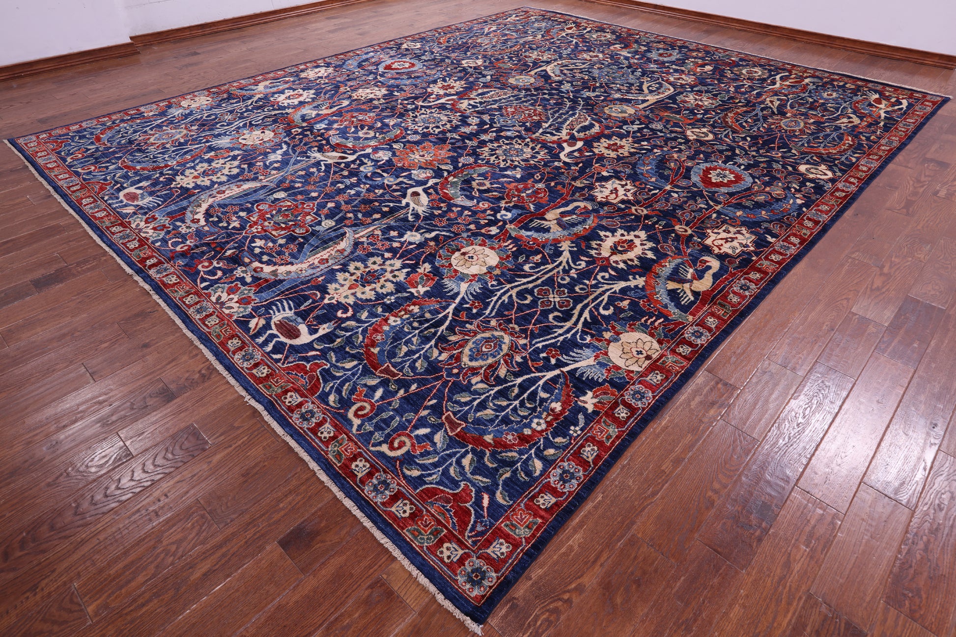 Blue Exotic Birds Persian Fine Serapi Hand Knotted Wool Rug - 12' 1" X 14' 8" - Golden Nile
