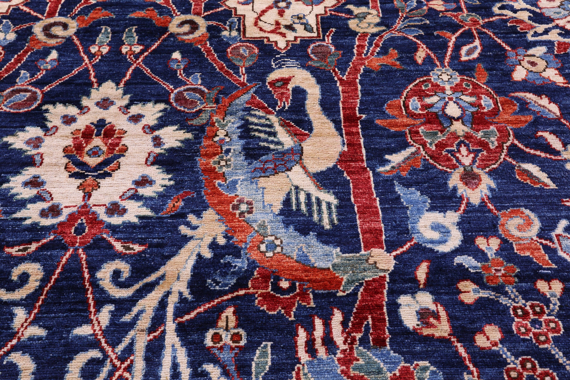 Blue Exotic Birds Persian Fine Serapi Hand Knotted Wool Rug - 12' 1" X 14' 8" - Golden Nile