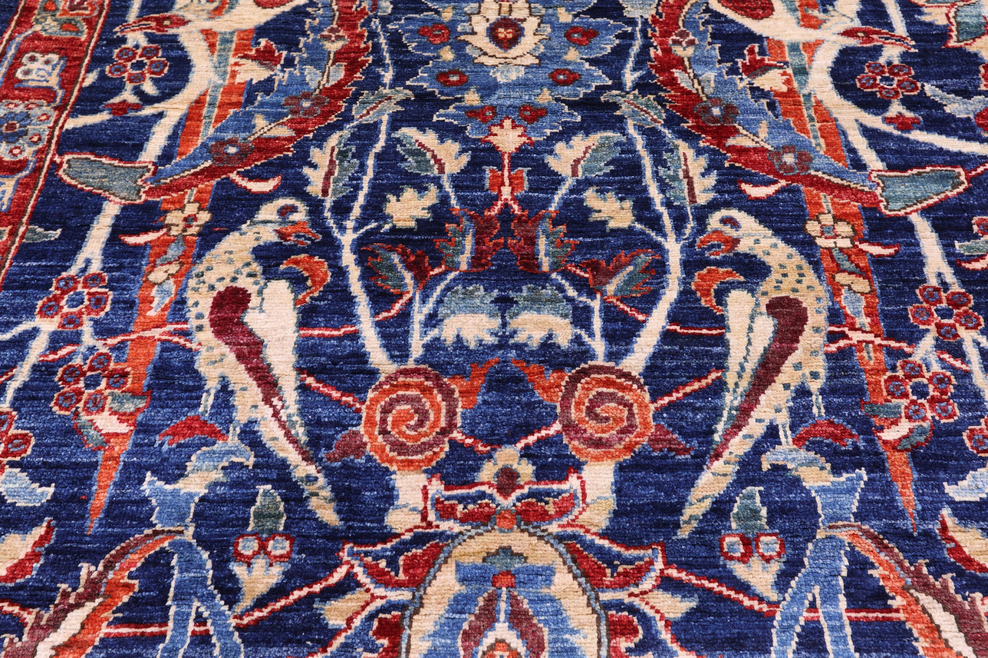 Blue Exotic Birds Persian Fine Serapi Hand Knotted Wool Rug - 12' 1" X 14' 8" - Golden Nile