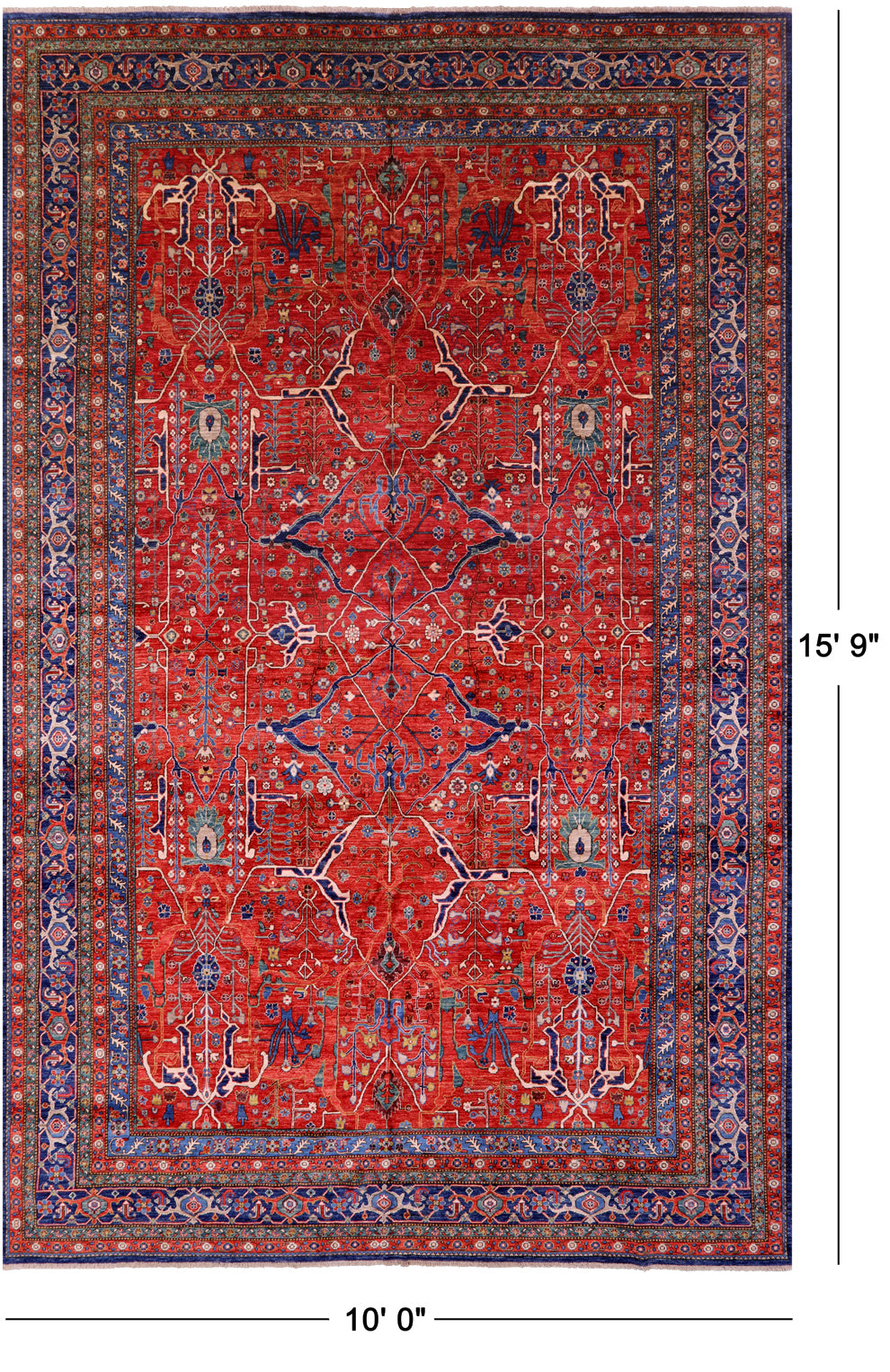 Red Persian Fine Serapi Handmade Wool Rug - 10' 0" X 15' 9" - Golden Nile