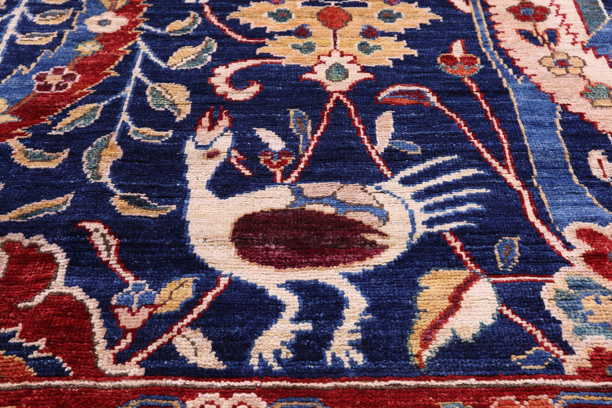 Blue Exotic Birds Persian Fine Serapi Hand Knotted Wool Rug - 10' 3" X 13' 10" - Golden Nile