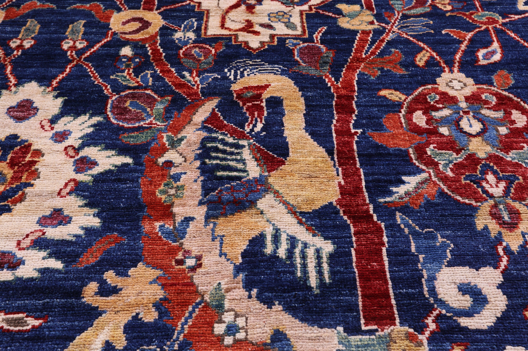 Blue Exotic Birds Persian Fine Serapi Hand Knotted Wool Rug - 10' 3" X 13' 10" - Golden Nile