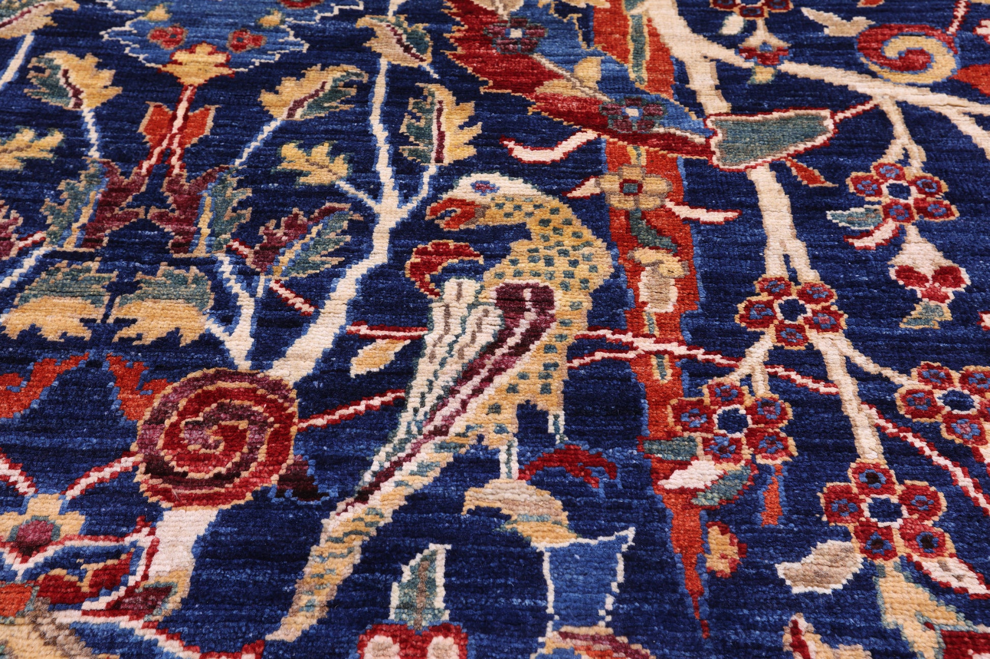 Blue Exotic Birds Persian Fine Serapi Hand Knotted Wool Rug - 10' 3" X 13' 10" - Golden Nile