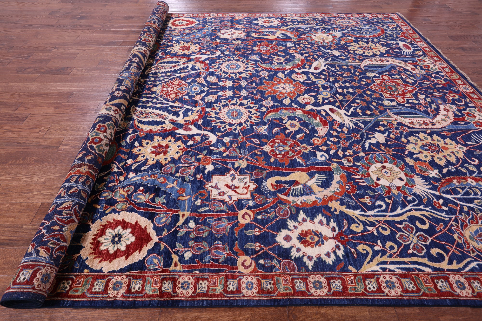 Blue Exotic Birds Persian Fine Serapi Hand Knotted Wool Rug - 10' 3" X 13' 10" - Golden Nile