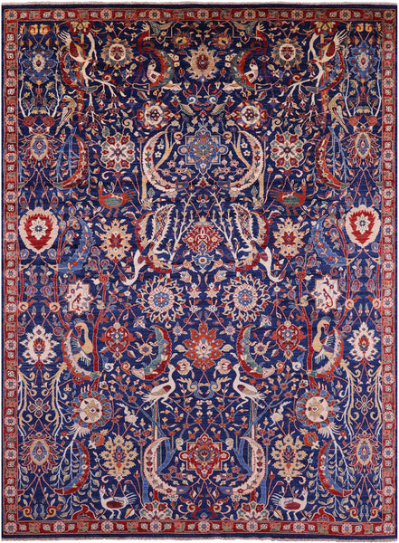 Blue Exotic Birds Persian Fine Serapi Hand Knotted Wool Rug - 10' 3" X 13' 10" - Golden Nile