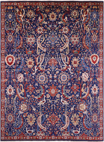 Blue Exotic Birds Persian Fine Serapi Hand Knotted Wool Rug - 10' 3