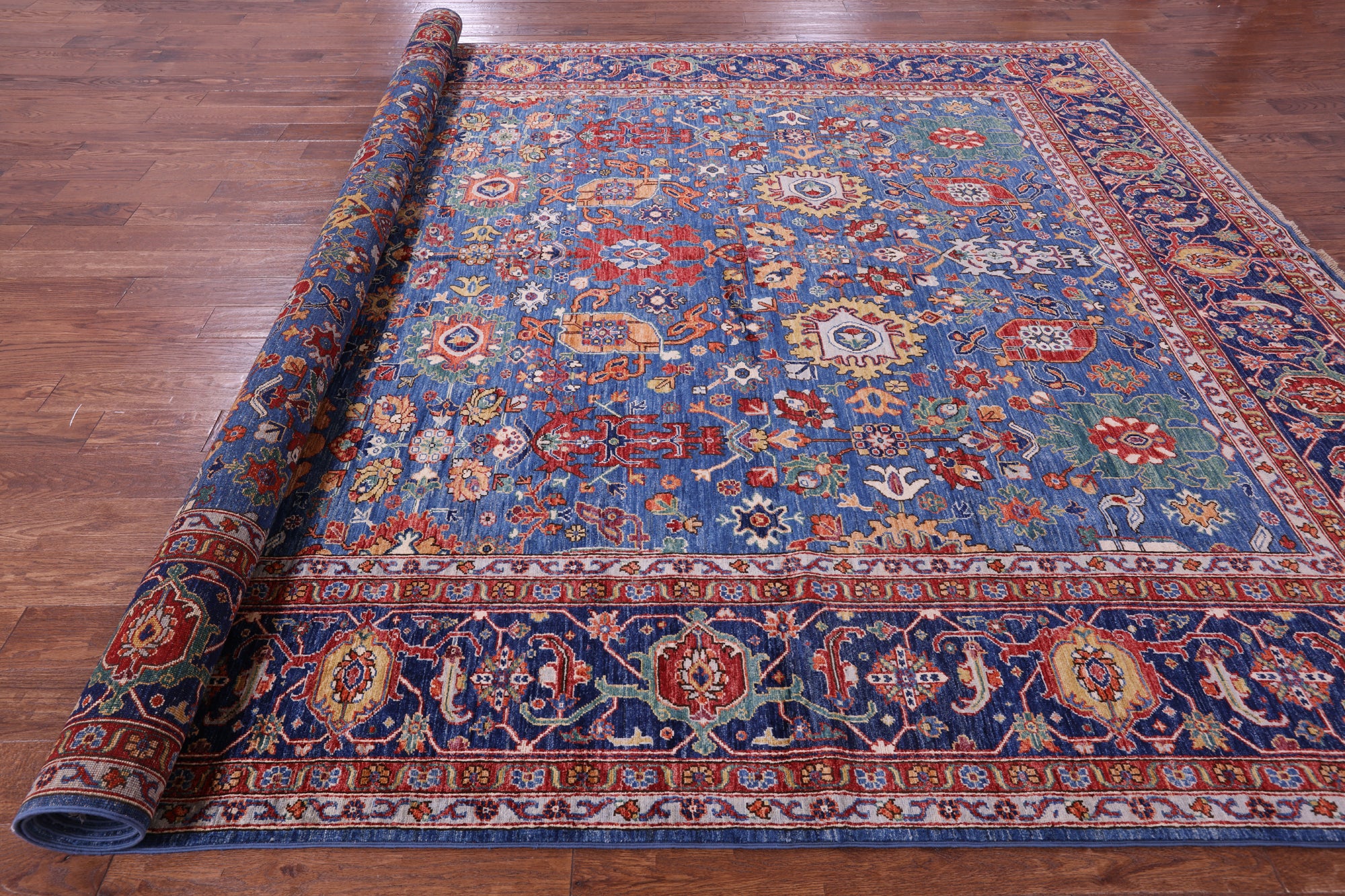 Blue Persian Fine Serapi Hand Knotted Wool Rug - 9' 11" X 14' 1" - Golden Nile
