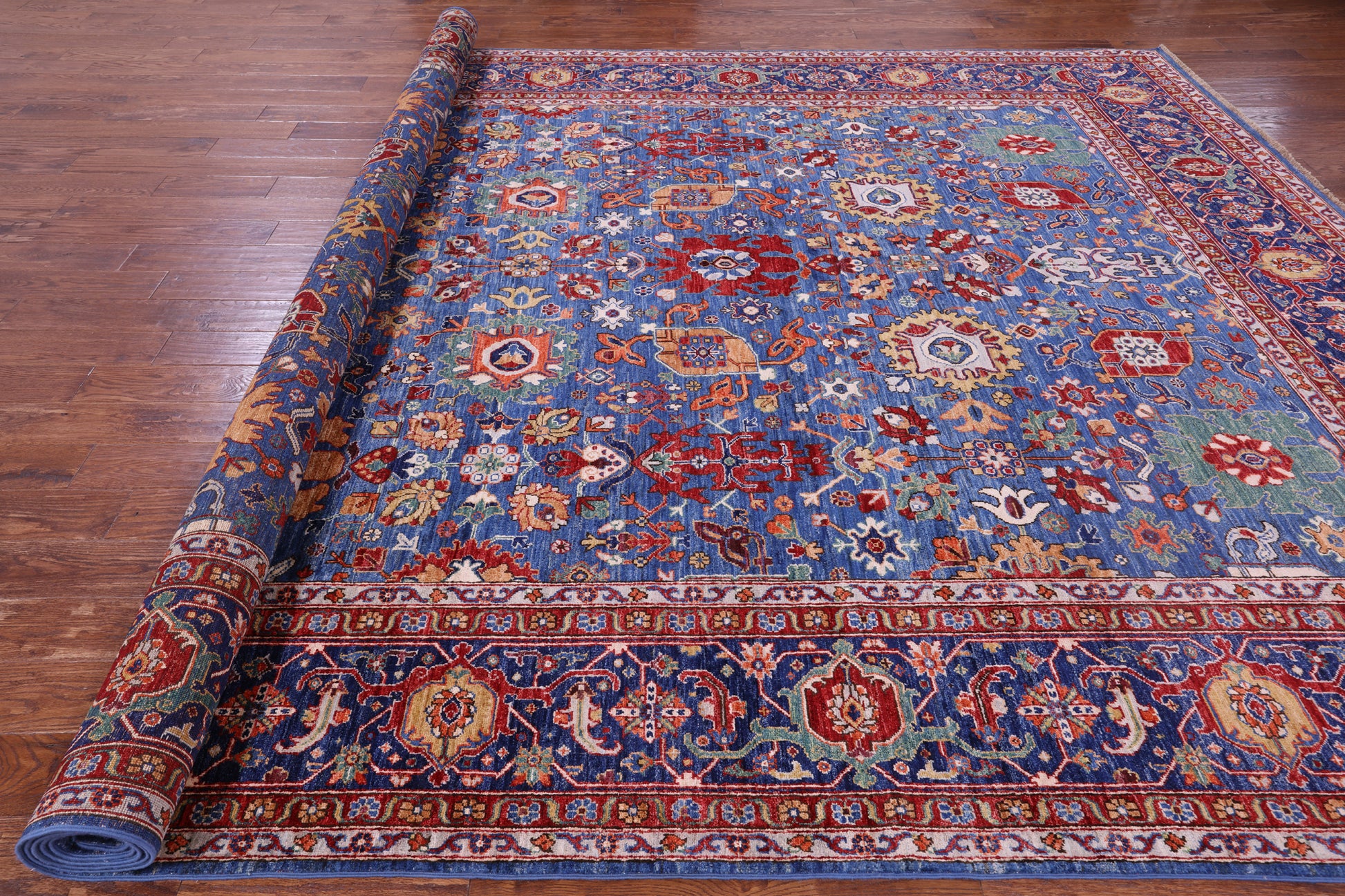 Blue Persian Fine Serapi Hand Knotted Wool Rug - 9' 11" X 14' 4" - Golden Nile