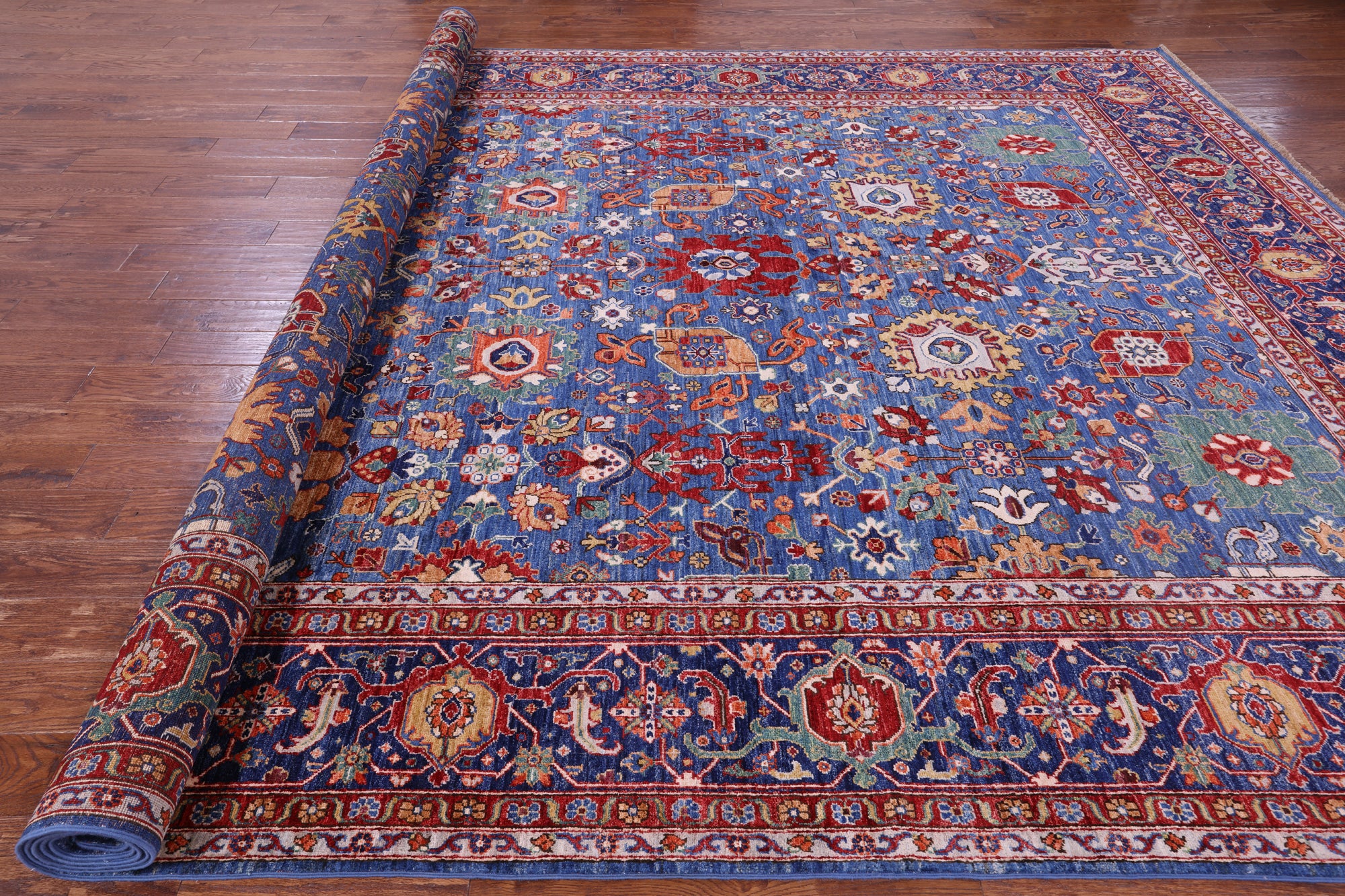 Blue Persian Fine Serapi Hand Knotted Wool Rug - 9' 11" X 14' 4" - Golden Nile