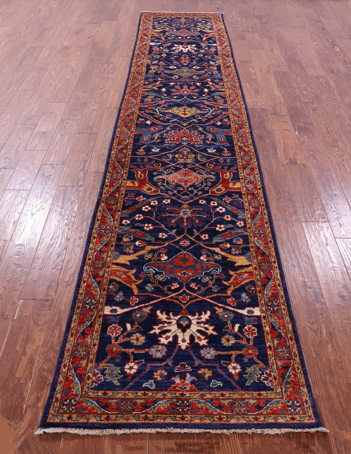 Blue Persian Fine Serapi Hand Knotted Wool Runner Rug - 2' 8" X 12' 10" - Golden Nile