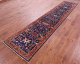 Blue Persian Fine Serapi Hand Knotted Wool Runner Rug - 2' 8" X 12' 10" - Golden Nile