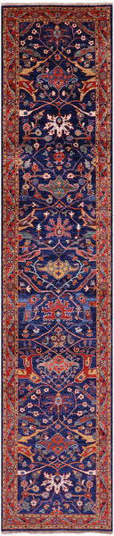 Blue Persian Fine Serapi Hand Knotted Wool Runner Rug - 2' 8" X 12' 10" - Golden Nile