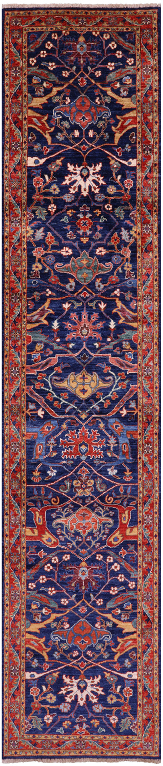 Blue Persian Fine Serapi Hand Knotted Wool Runner Rug - 2' 8" X 12' 10" - Golden Nile