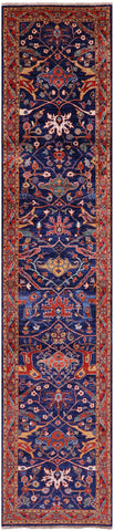 Blue Persian Fine Serapi Hand Knotted Wool Runner Rug - 2' 8