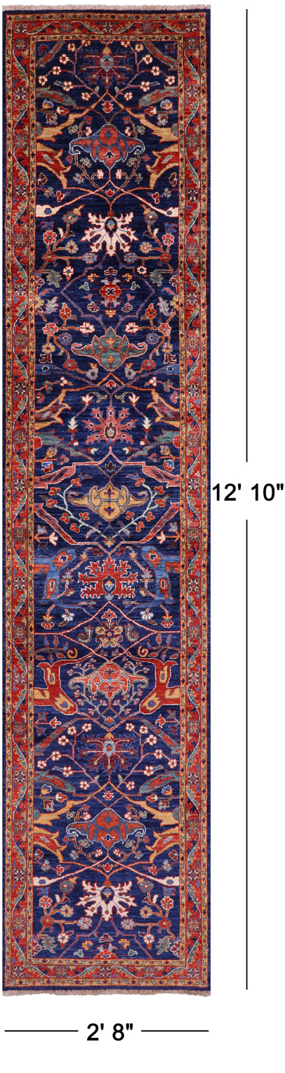 Blue Persian Fine Serapi Hand Knotted Wool Runner Rug - 2' 8" X 12' 10" - Golden Nile