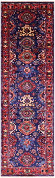 Blue Persian Fine Serapi Hand Knotted Wool Runner Rug - 2' 11" X 9' 7" - Golden Nile