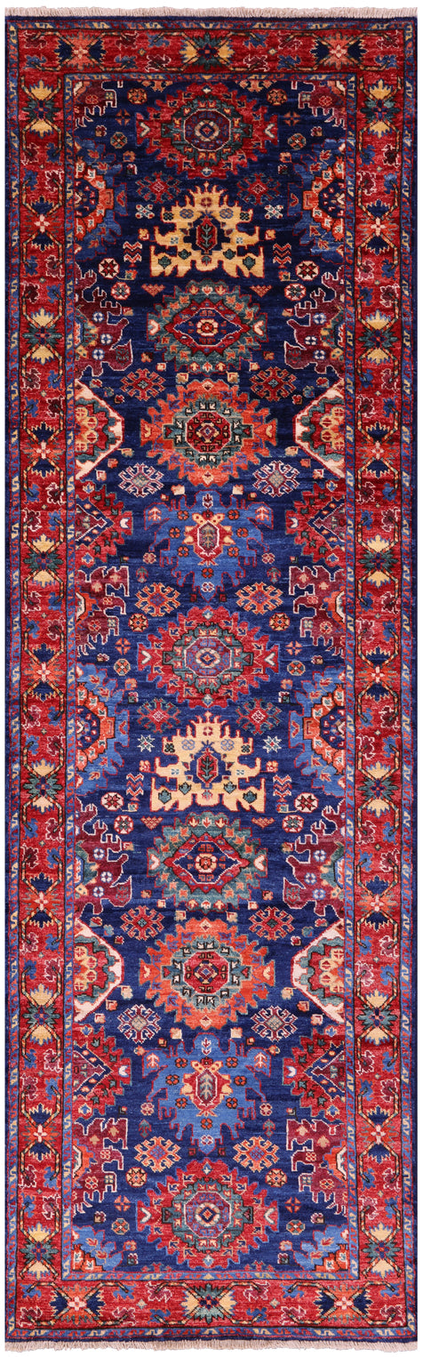 Blue Persian Fine Serapi Hand Knotted Wool Runner Rug - 2' 11" X 9' 7" - Golden Nile