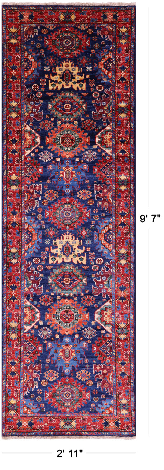 Blue Persian Fine Serapi Hand Knotted Wool Runner Rug - 2' 11" X 9' 7" - Golden Nile