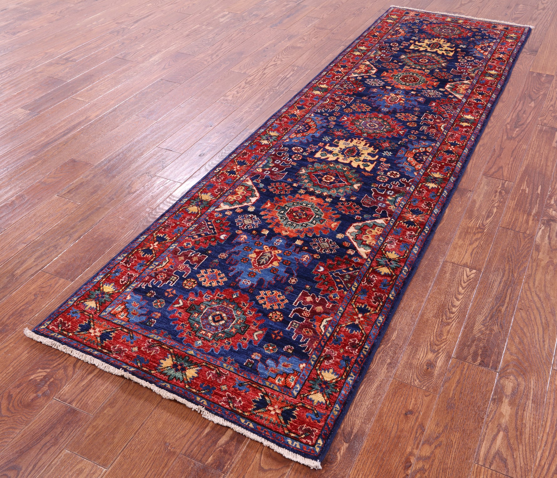 Blue Persian Fine Serapi Hand Knotted Wool Runner Rug - 2' 11" X 9' 7" - Golden Nile