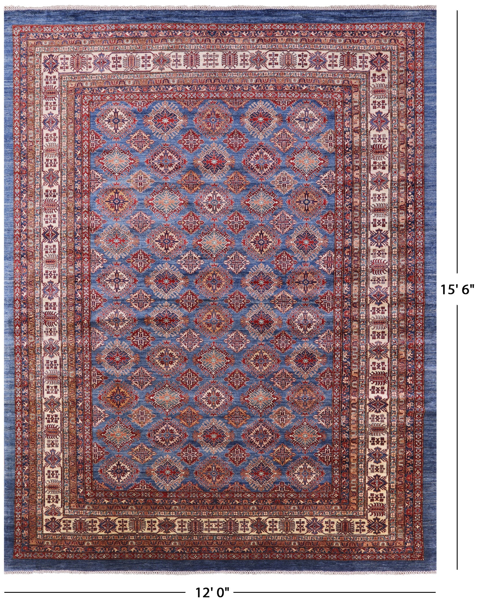 Blue Super Kazak Hand Knotted Wool Area Rug - 12' 0" X 15' 6" - Golden Nile