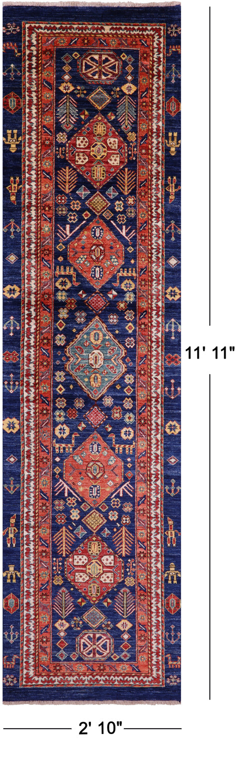 Blue Persian Fine Serapi Handmade Wool Runner Rug - 2' 10" X 11' 11" - Golden Nile