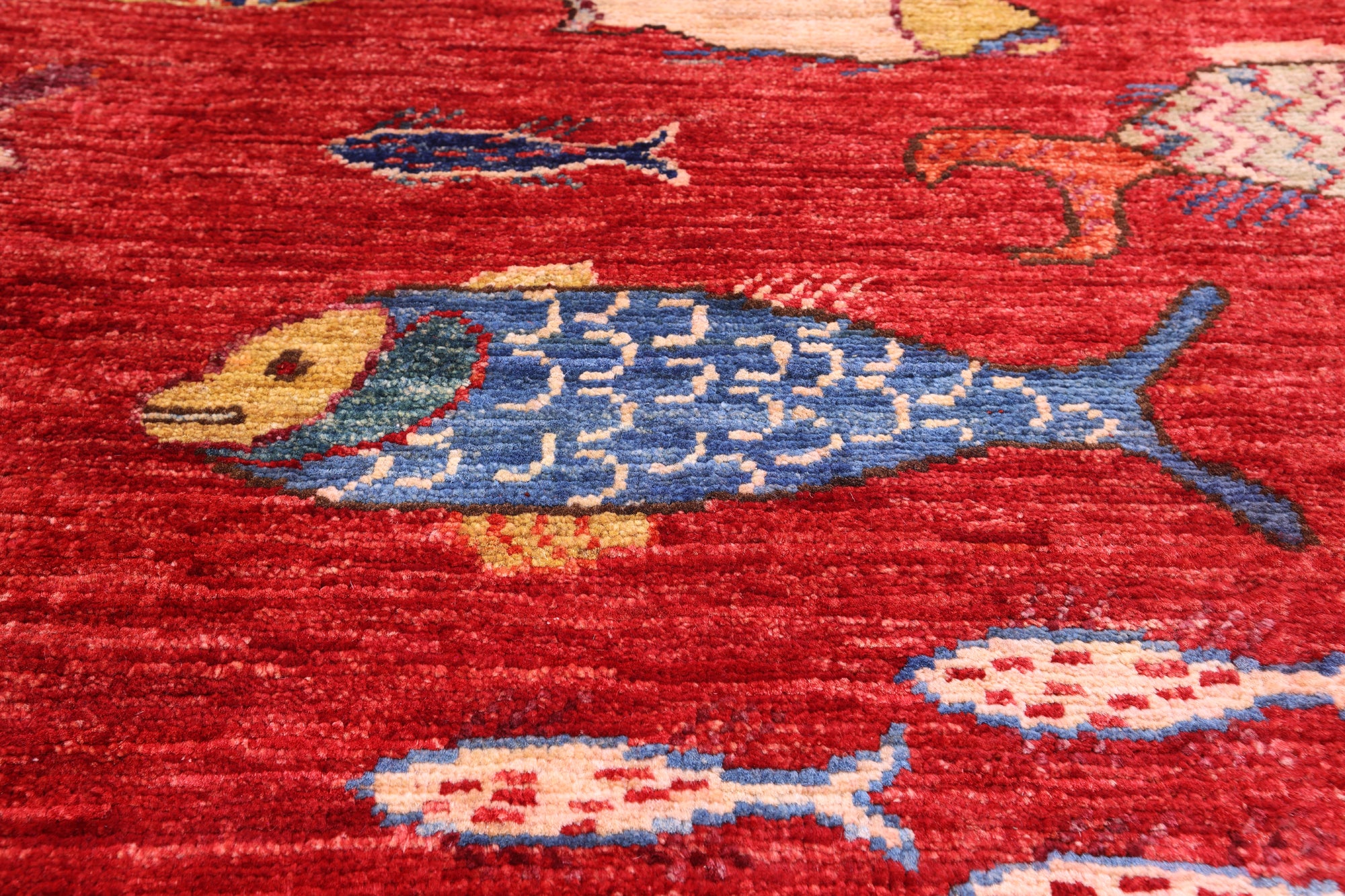 Fish Design Persian Gabbeh Hand Knotted Wool Rug - 9' 10" X 13' 8" - Golden Nile
