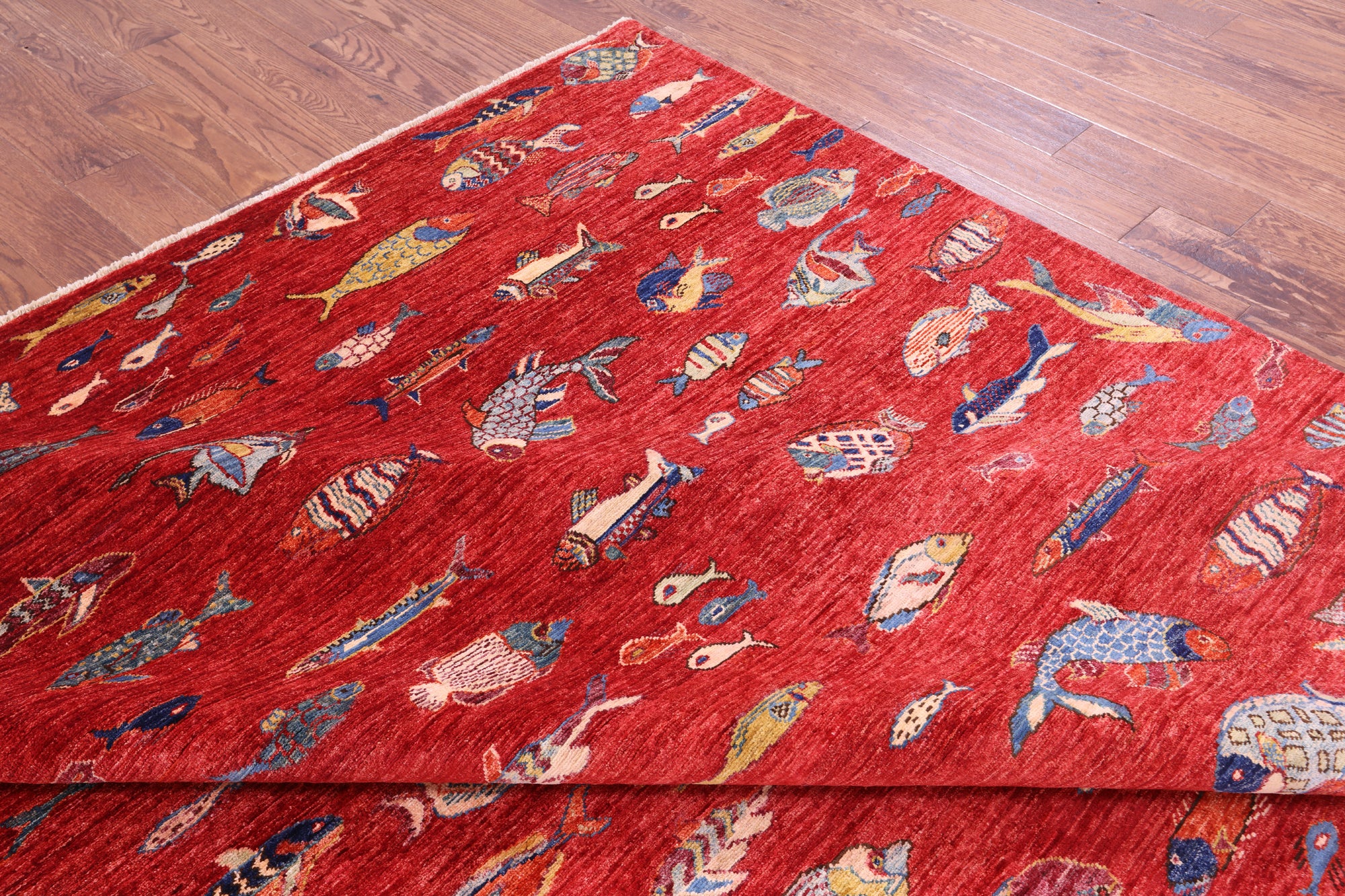 Fish Design Persian Gabbeh Hand Knotted Wool Rug - 9' 10" X 13' 8" - Golden Nile