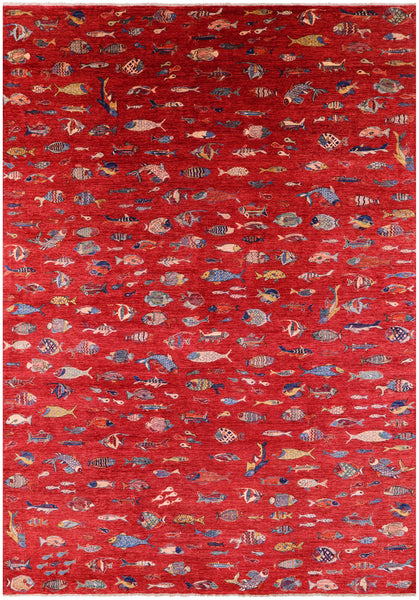 Fish Design Persian Gabbeh Hand Knotted Wool Rug - 9' 10" X 13' 8" - Golden Nile
