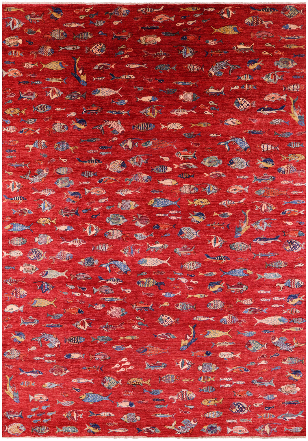 Fish Design Persian Gabbeh Hand Knotted Wool Rug - 9' 10" X 13' 8" - Golden Nile