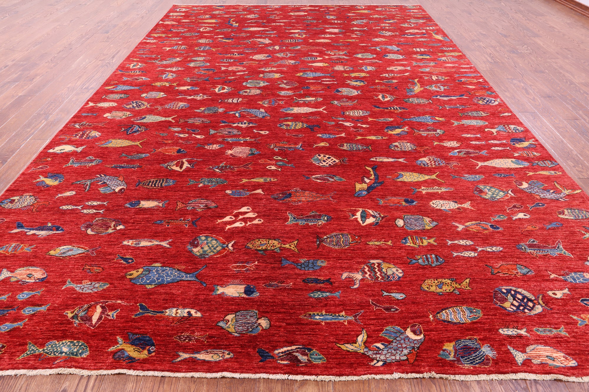 Fish Design Persian Gabbeh Hand Knotted Wool Rug - 9' 10" X 13' 8" - Golden Nile