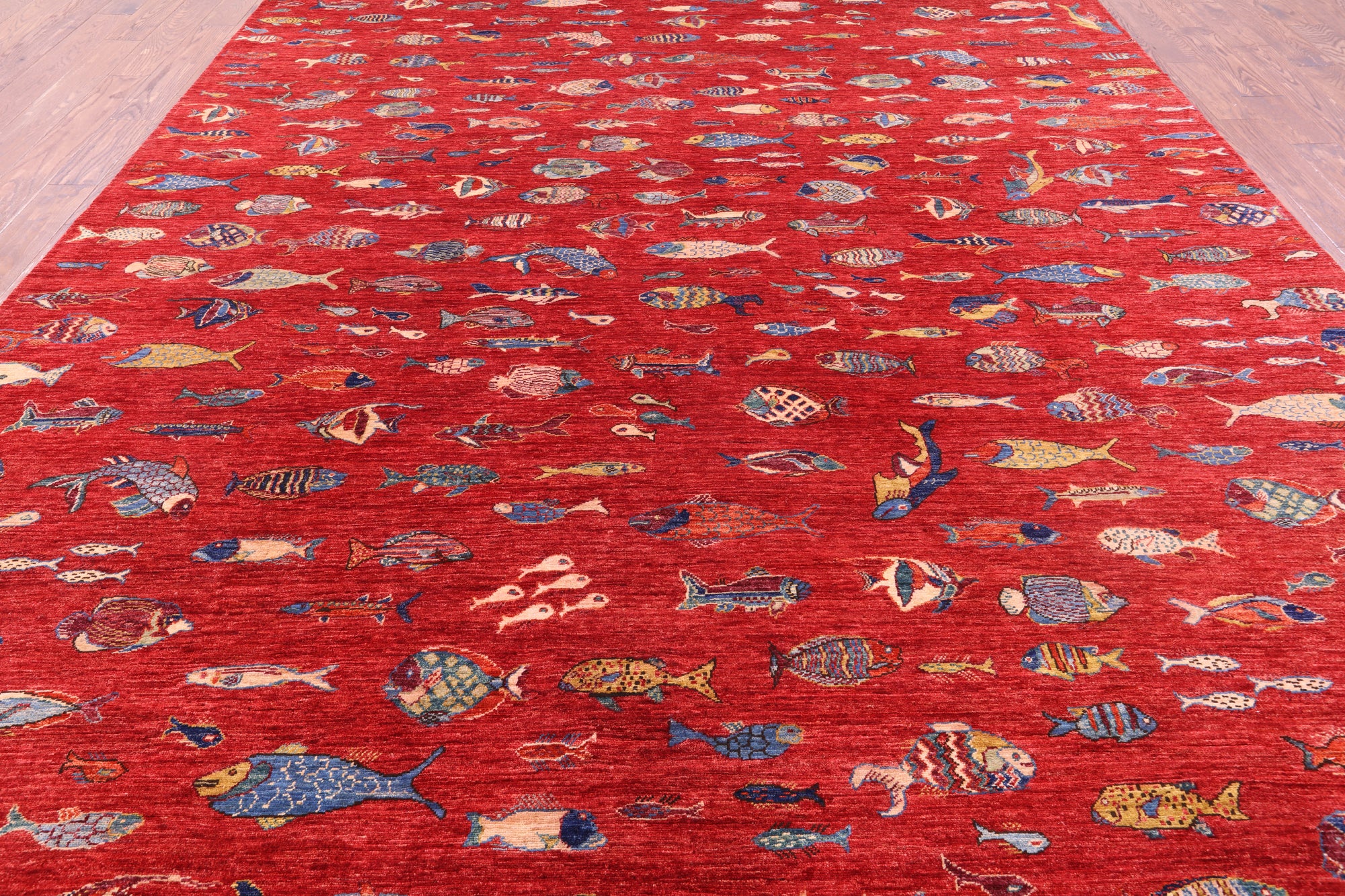 Fish Design Persian Gabbeh Hand Knotted Wool Rug - 9' 10" X 13' 8" - Golden Nile