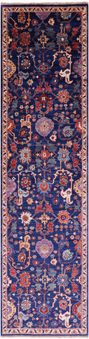 Blue Persian Fine Serapi Hand Knotted Wool Runner Rug - 2' 8