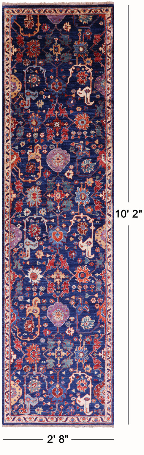 Blue Persian Fine Serapi Hand Knotted Wool Runner Rug - 2' 8" X 10' 2" - Golden Nile