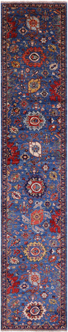 Blue Persian Fine Serapi Hand Knotted Wool Runner Rug - 2' 9