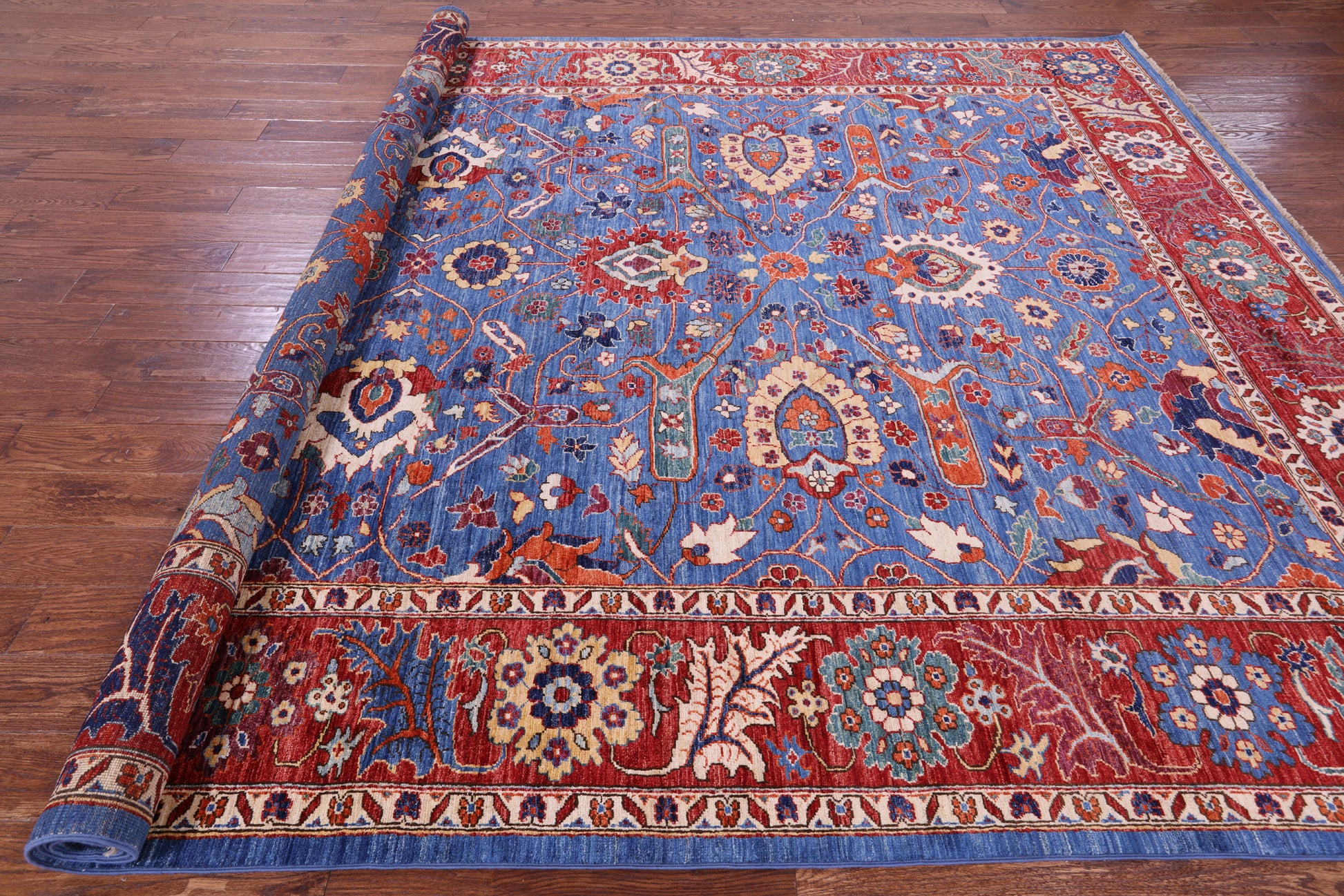 Blue Persian Fine Serapi Handmade Wool Rug - 8' 11" X 11' 7" - Golden Nile
