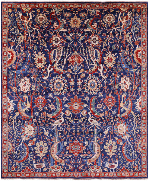 Blue Exotic Birds Persian Fine Serapi Handmade Wool Rug - 8' 1" X 9' 7" - Golden Nile