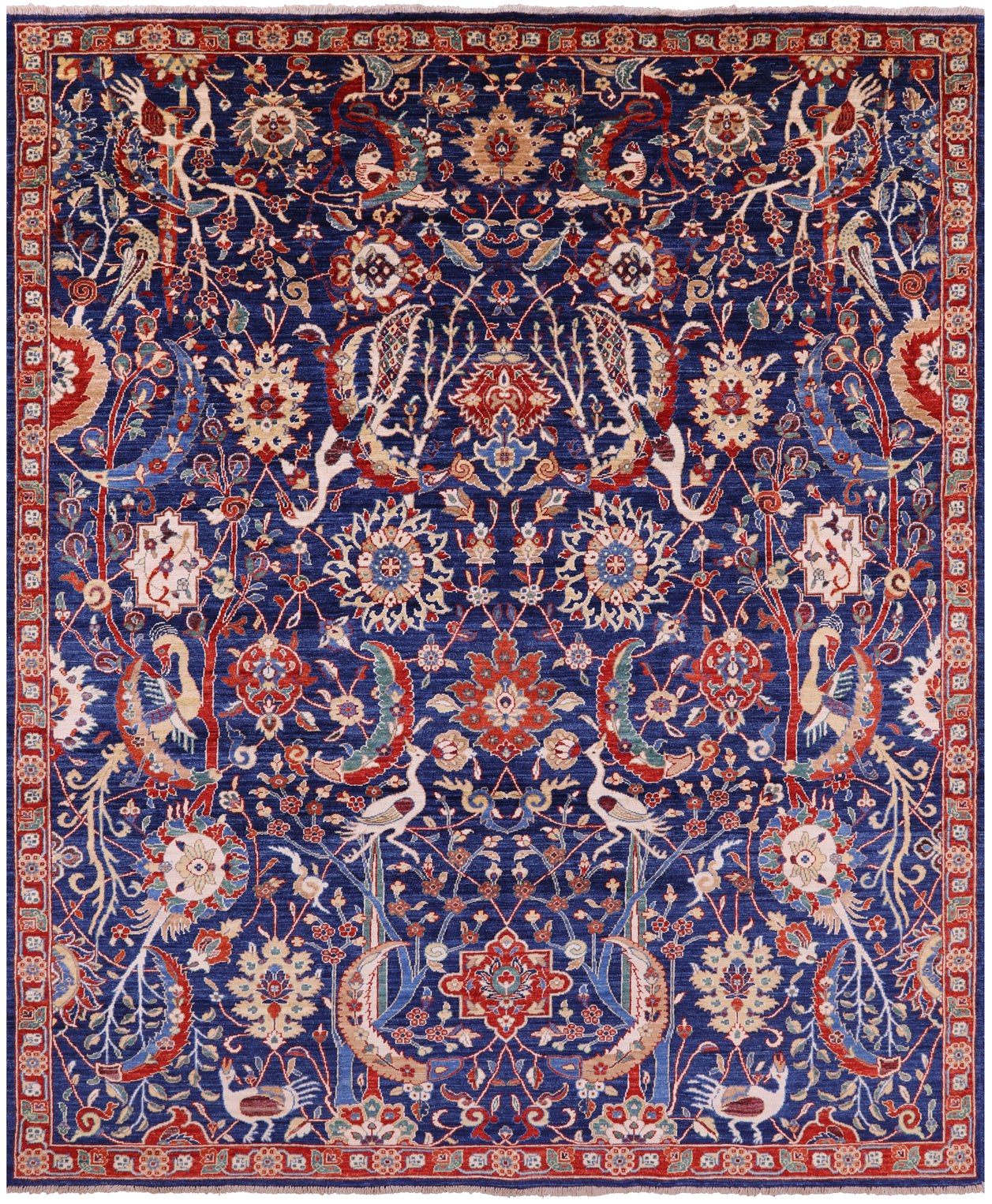 Blue Exotic Birds Persian Fine Serapi Handmade Wool Rug - 8' 1" X 9' 7" - Golden Nile