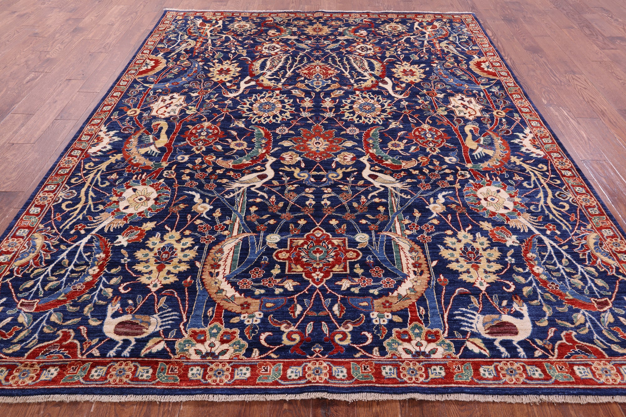 Blue Exotic Birds Persian Fine Serapi Handmade Wool Rug - 8' 1" X 9' 7" - Golden Nile
