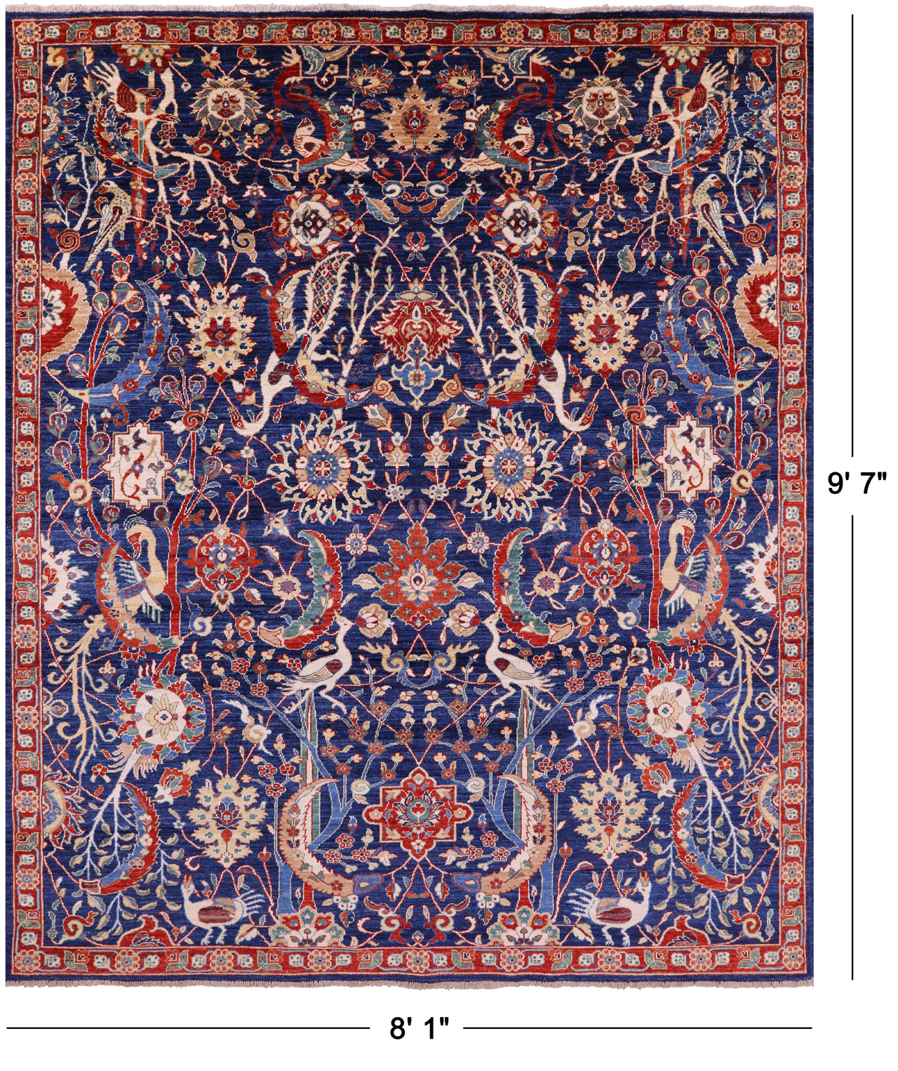 Blue Exotic Birds Persian Fine Serapi Handmade Wool Rug - 8' 1" X 9' 7" - Golden Nile