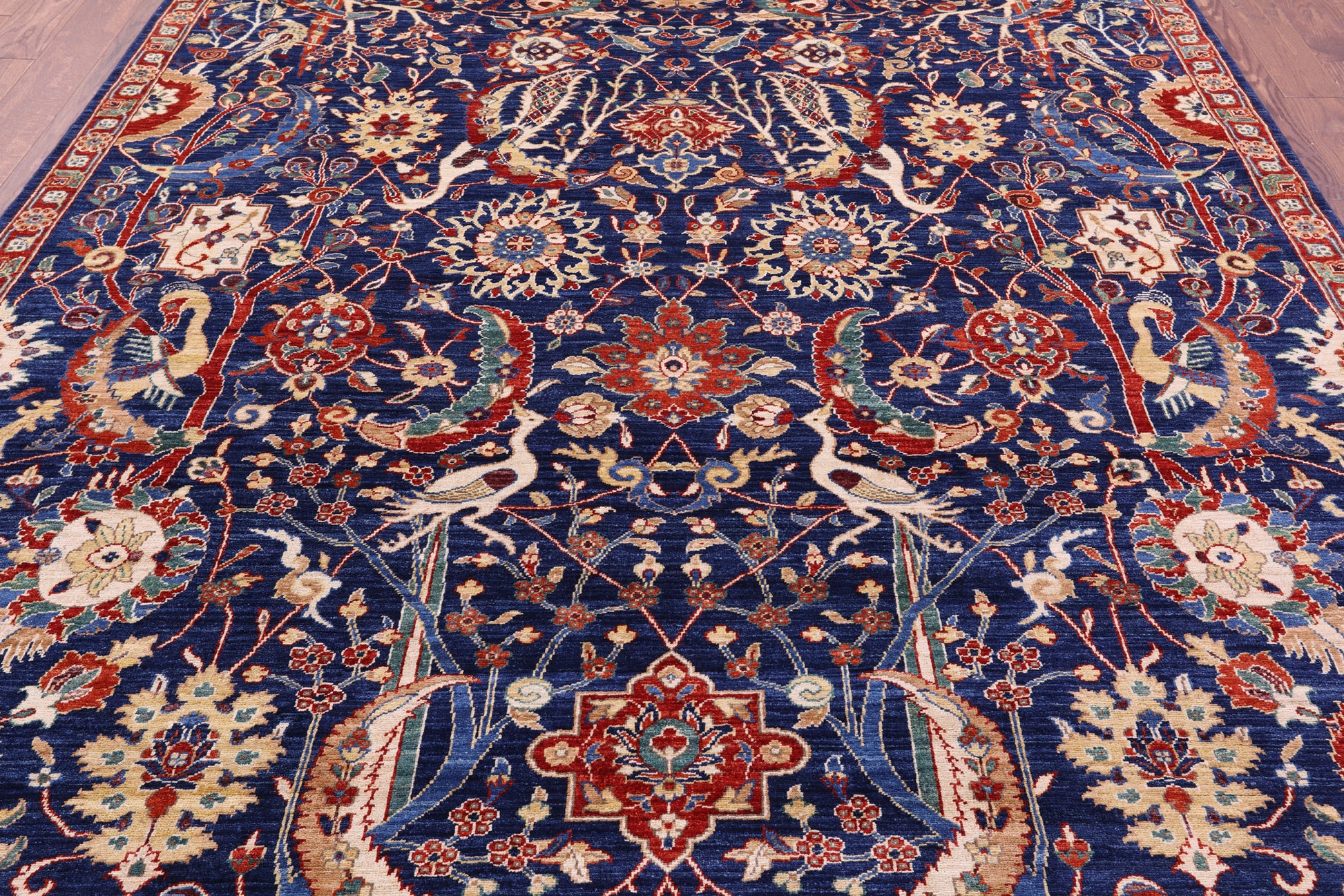 Blue Exotic Birds Persian Fine Serapi Handmade Wool Rug - 8' 1" X 9' 7" - Golden Nile