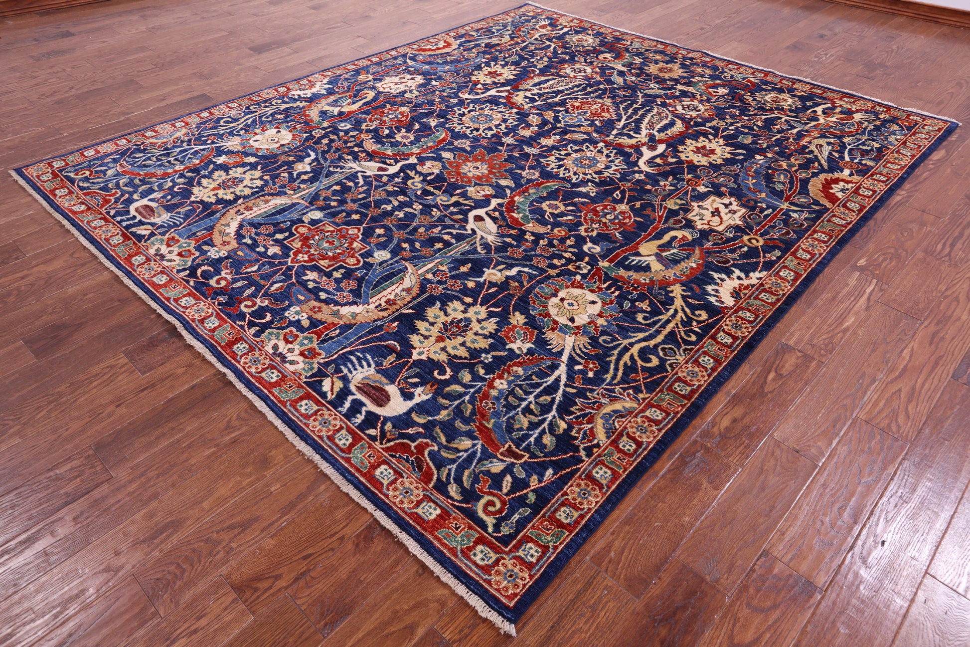 Blue Exotic Birds Persian Fine Serapi Handmade Wool Rug - 8' 1" X 9' 7" - Golden Nile