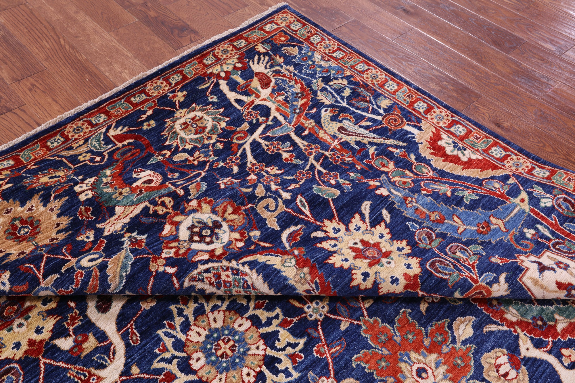 Blue Exotic Birds Persian Fine Serapi Handmade Wool Rug - 8' 1" X 9' 7" - Golden Nile