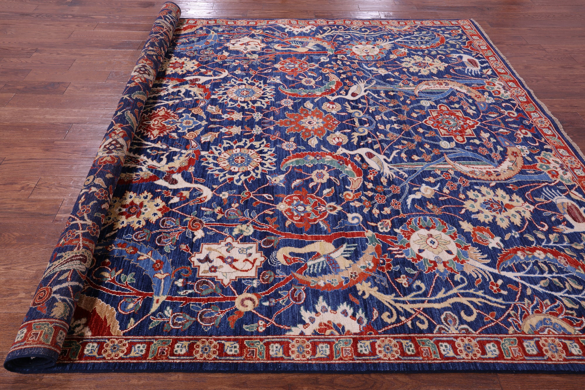 Blue Exotic Birds Persian Fine Serapi Handmade Wool Rug - 8' 1" X 9' 7" - Golden Nile