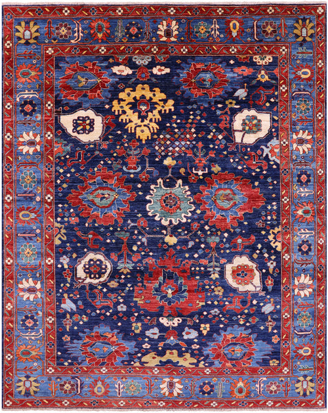 Blue Persian Fine Serapi Hand Knotted Wool Rug - 7' 11" X 9' 9" - Golden Nile