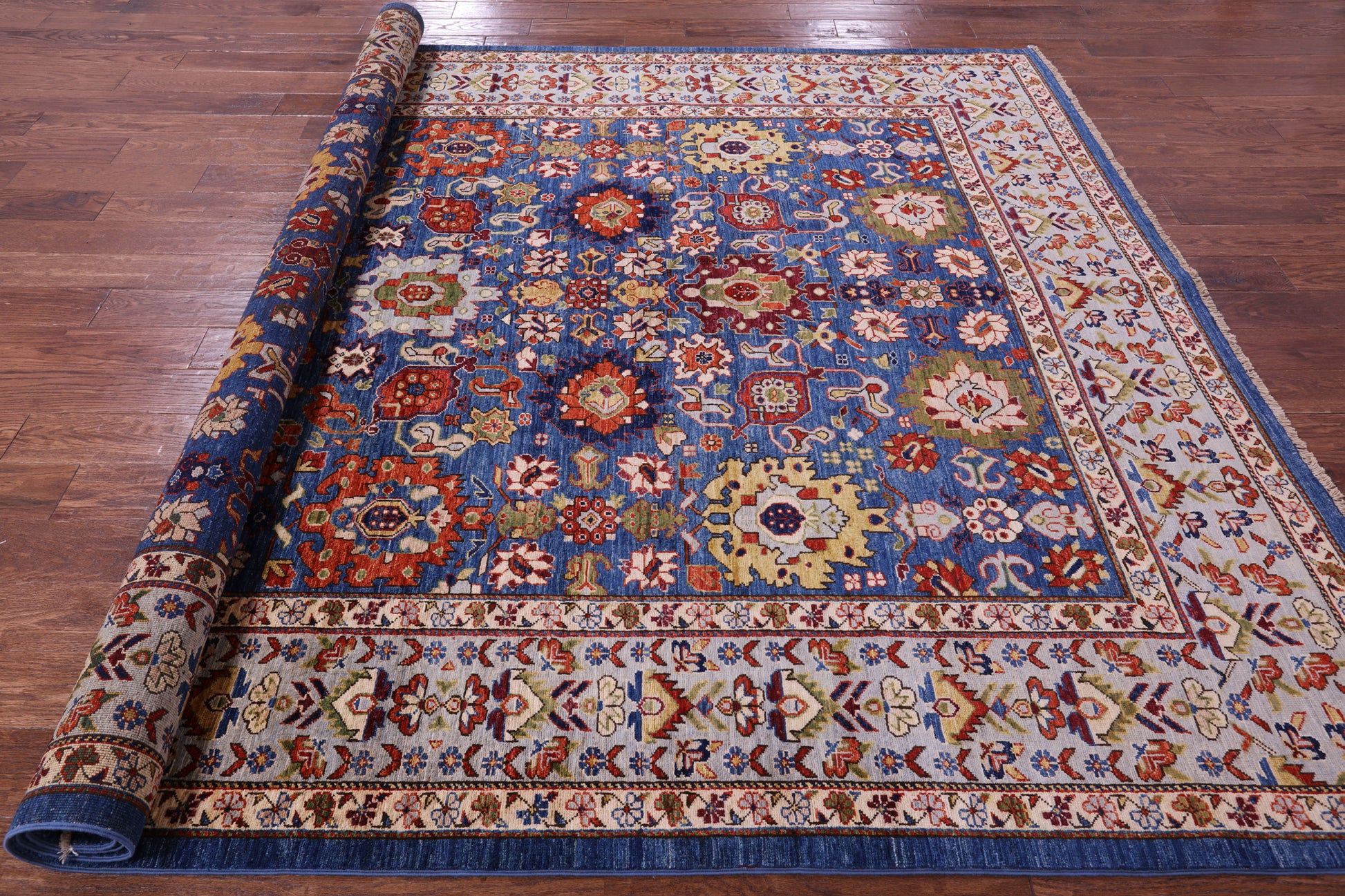 Blue Persian Fine Serapi Hand Knotted Wool Rug - 7' 11" X 9' 8" - Golden Nile