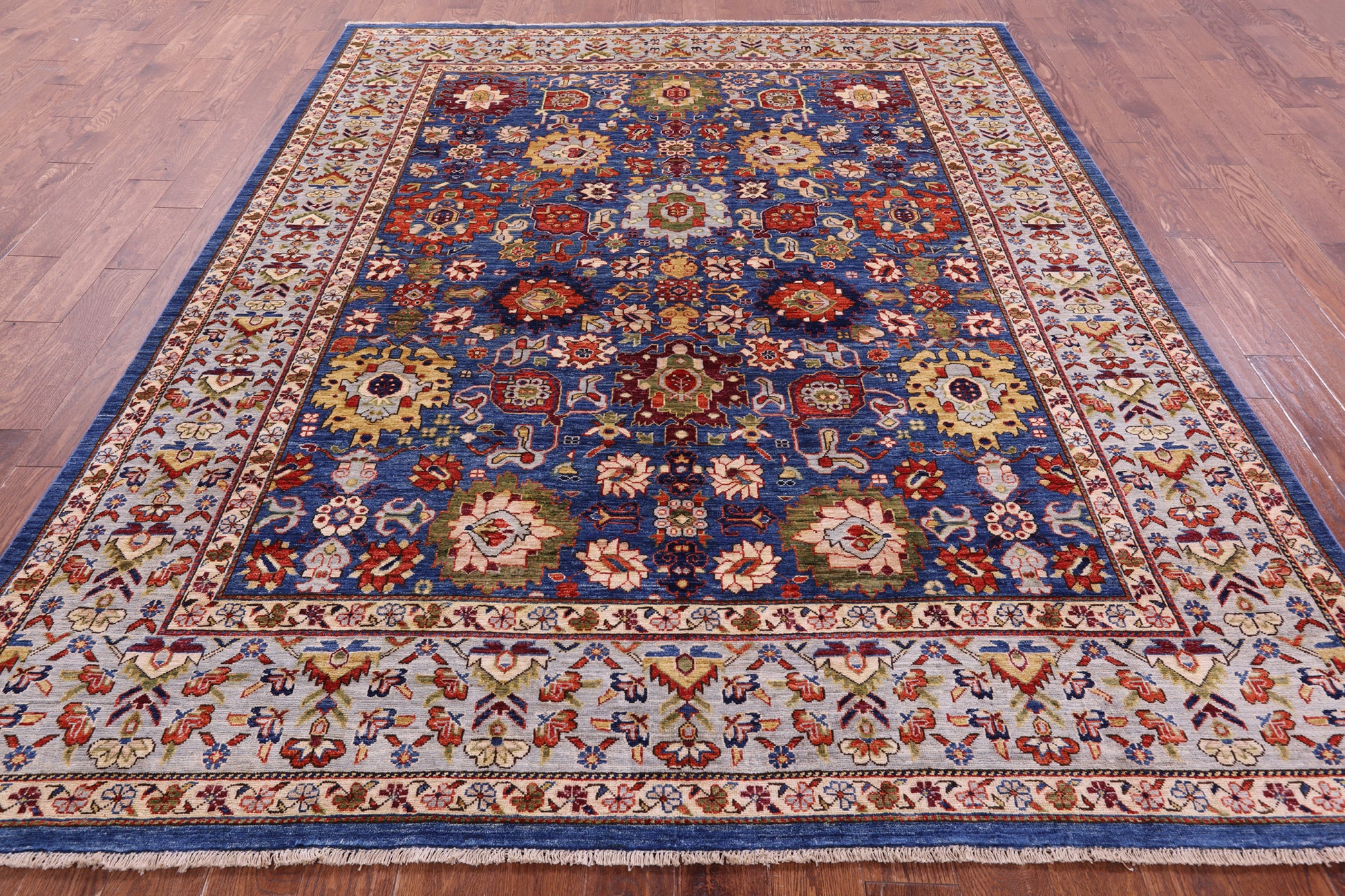Blue Persian Fine Serapi Hand Knotted Wool Rug - 7' 11" X 9' 8" - Golden Nile