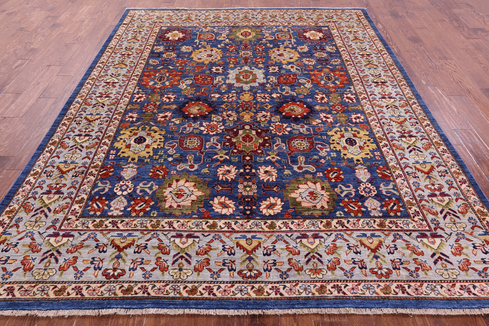 Blue Persian Fine Serapi Hand Knotted Wool Rug - 7' 11" X 9' 8" - Golden Nile